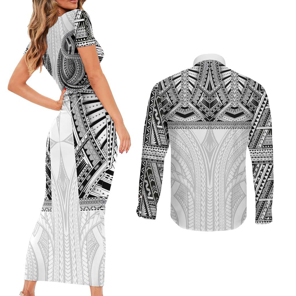 Samoan Traditional Art Tattoos Couples Matching Short Sleeve Bodycon Dress and Long Sleeve Button Shirt Tatau Tribal Motifs with Ula Nifo White LT03 - Polynesian Pride