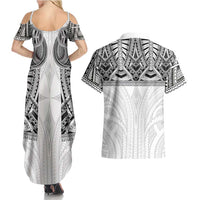 Samoan Traditional Art Tattoos Couples Matching Summer Maxi Dress and Hawaiian Shirt Tatau Tribal Motifs with Ula Nifo White LT03 - Polynesian Pride