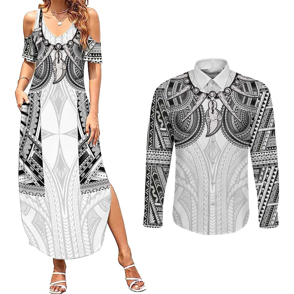 Samoan Traditional Art Tattoos Couples Matching Summer Maxi Dress and Long Sleeve Button Shirt Tatau Tribal Motifs with Ula Nifo White - Polynesian Pride