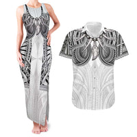Samoan Traditional Art Tattoos Couples Matching Tank Maxi Dress and Hawaiian Shirt Tatau Tribal Motifs with Ula Nifo White LT03 White - Polynesian Pride