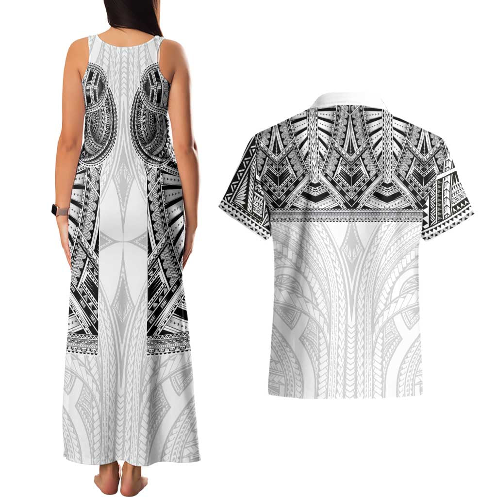 Samoan Traditional Art Tattoos Couples Matching Tank Maxi Dress and Hawaiian Shirt Tatau Tribal Motifs with Ula Nifo White LT03 - Polynesian Pride