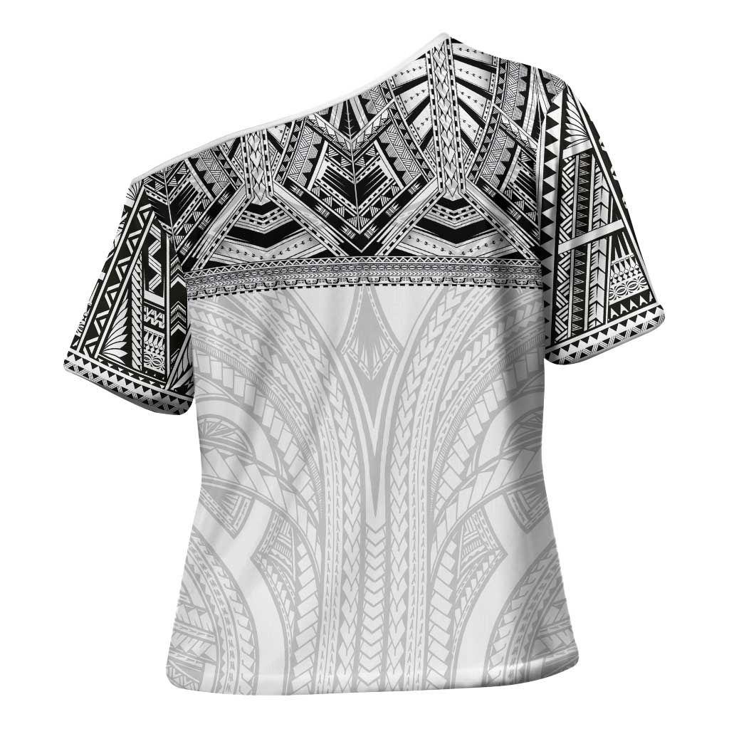 Samoan Traditional Art Tattoos Cross Shoulder Shirt Tatau Tribal Motifs with Ula Nifo White - Polynesian Pride