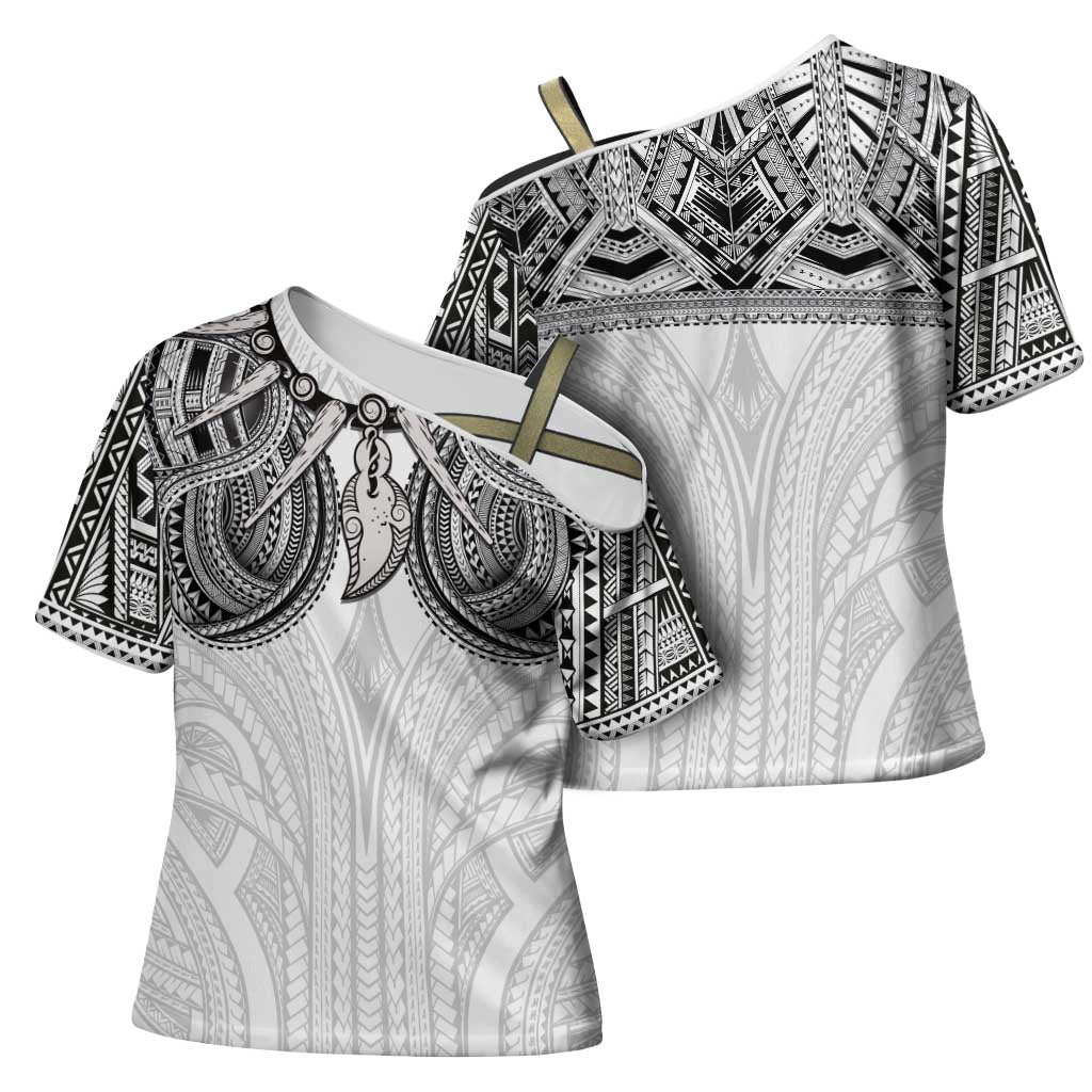 Samoan Traditional Art Tattoos Cross Shoulder Shirt Tatau Tribal Motifs with Ula Nifo White - Polynesian Pride