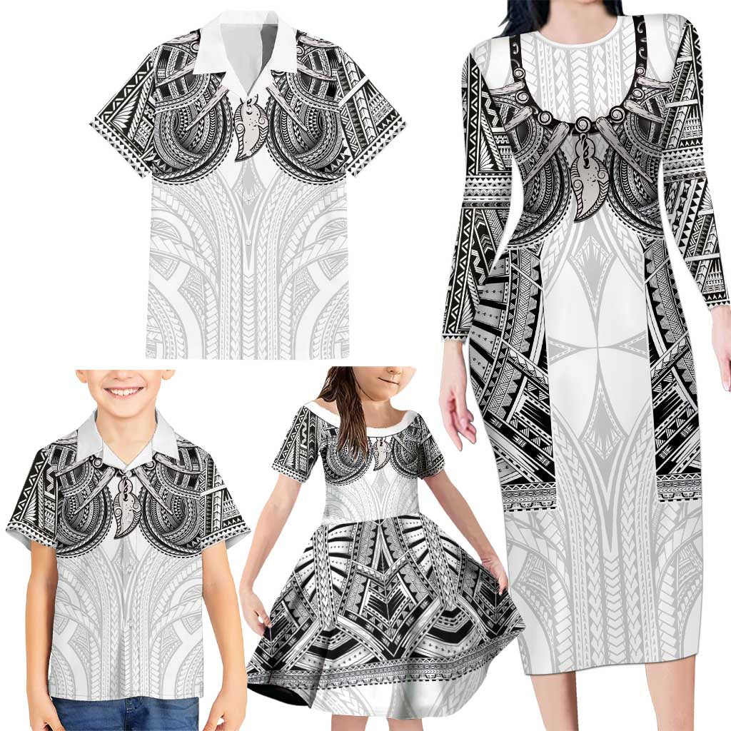Samoan Traditional Art Tattoos Family Matching Long Sleeve Bodycon Dress and Hawaiian Shirt Tatau Tribal Motifs with Ula Nifo White LT03 - Polynesian Pride