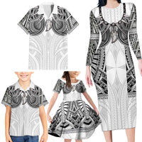 Samoan Traditional Art Tattoos Family Matching Long Sleeve Bodycon Dress and Hawaiian Shirt Tatau Tribal Motifs with Ula Nifo White LT03 - Polynesian Pride