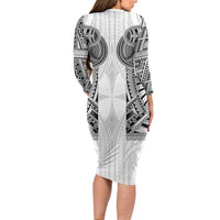 Samoan Traditional Art Tattoos Family Matching Long Sleeve Bodycon Dress and Hawaiian Shirt Tatau Tribal Motifs with Ula Nifo White LT03 - Polynesian Pride