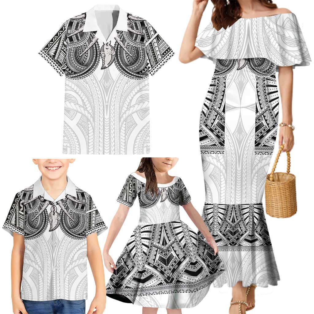 Samoan Traditional Art Tattoos Family Matching Mermaid Dress and Hawaiian Shirt Tatau Tribal Motifs with Ula Nifo White LT03 - Polynesian Pride