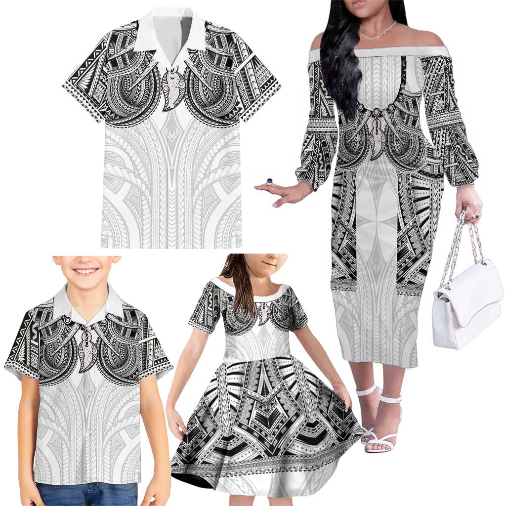 Samoan Traditional Art Tattoos Family Matching Off The Shoulder Long Sleeve Dress and Hawaiian Shirt Tatau Tribal Motifs with Ula Nifo White LT03 - Polynesian Pride