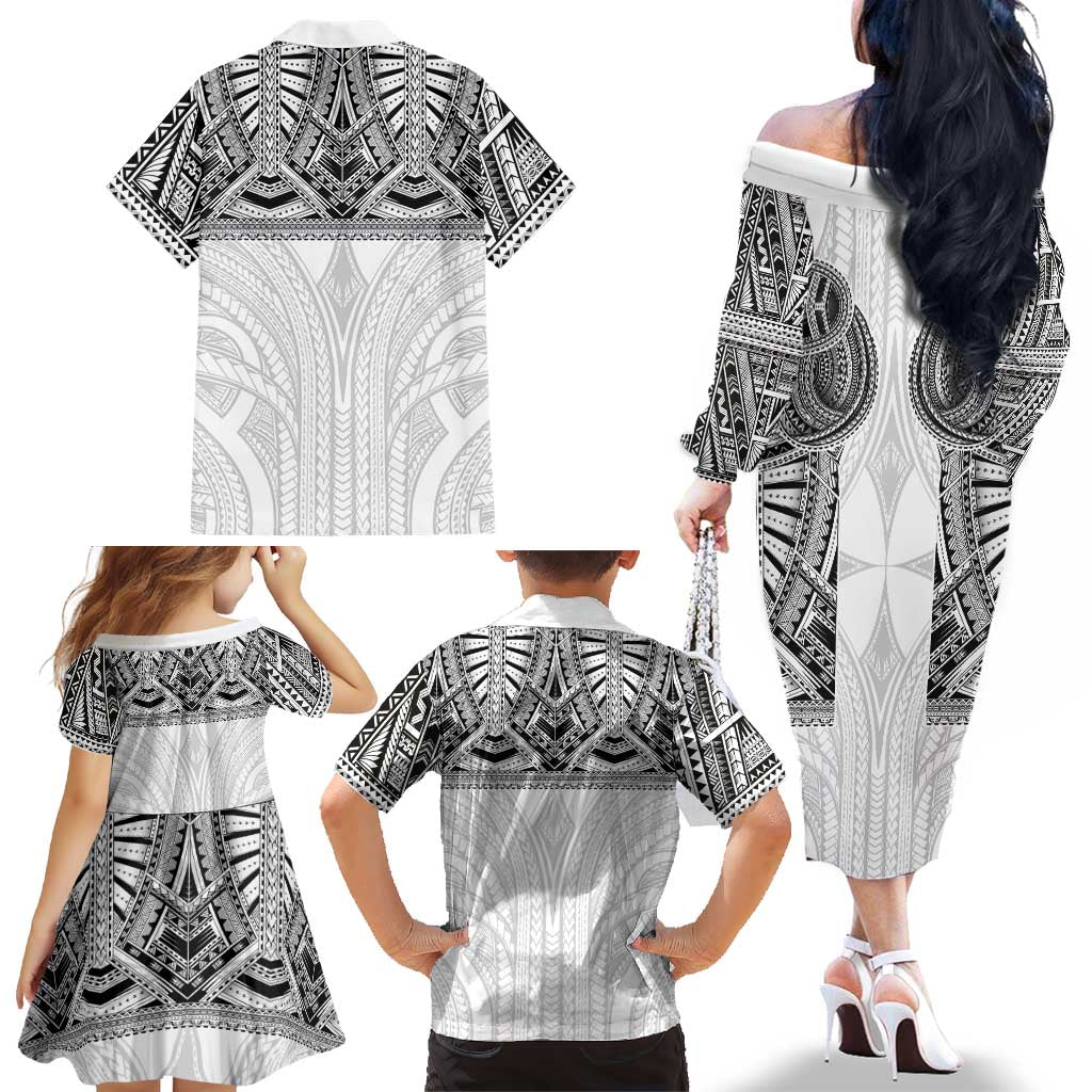 Samoan Traditional Art Tattoos Family Matching Off The Shoulder Long Sleeve Dress and Hawaiian Shirt Tatau Tribal Motifs with Ula Nifo White LT03 - Polynesian Pride