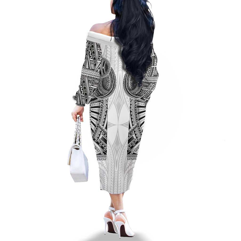 Samoan Traditional Art Tattoos Family Matching Off The Shoulder Long Sleeve Dress and Hawaiian Shirt Tatau Tribal Motifs with Ula Nifo White LT03 - Polynesian Pride