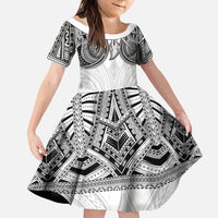 Samoan Traditional Art Tattoos Family Matching Off Shoulder Maxi Dress and Hawaiian Shirt Tatau Tribal Motifs with Ula Nifo White LT03 Daughter's Dress White - Polynesian Pride