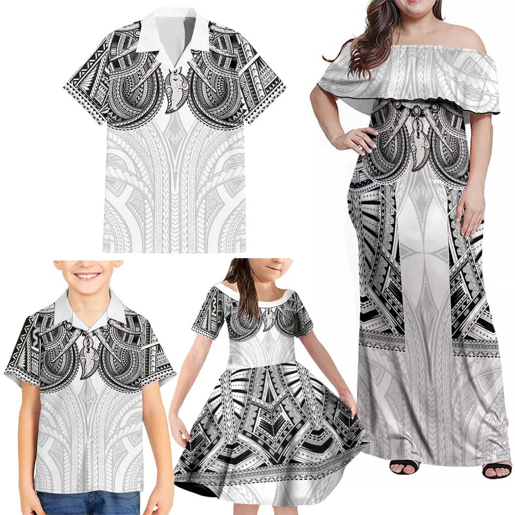 Samoan Traditional Art Tattoos Family Matching Off Shoulder Maxi Dress and Hawaiian Shirt Tatau Tribal Motifs with Ula Nifo White - Polynesian Pride