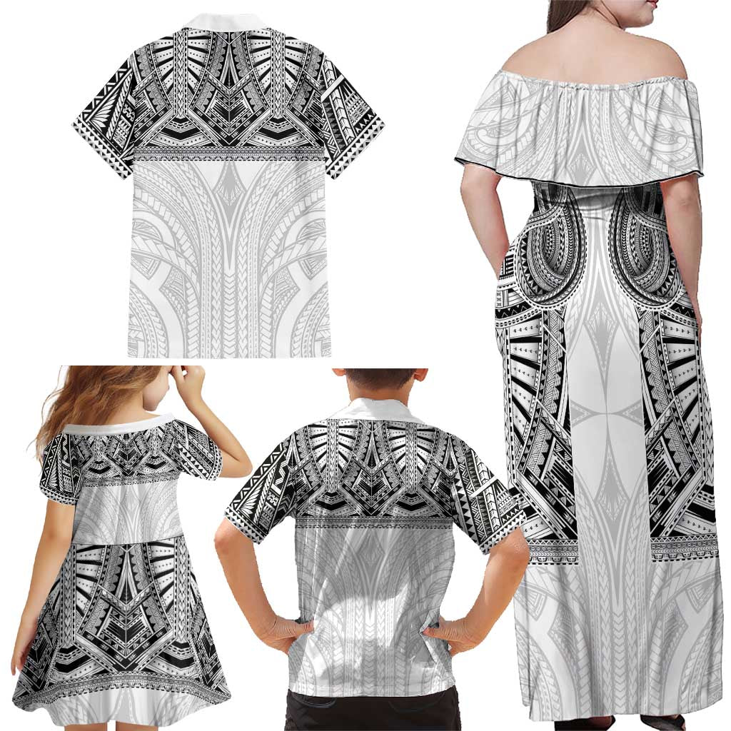 Samoan Traditional Art Tattoos Family Matching Off Shoulder Maxi Dress and Hawaiian Shirt Tatau Tribal Motifs with Ula Nifo White LT03 - Polynesian Pride
