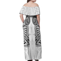 Samoan Traditional Art Tattoos Family Matching Off Shoulder Maxi Dress and Hawaiian Shirt Tatau Tribal Motifs with Ula Nifo White LT03 - Polynesian Pride