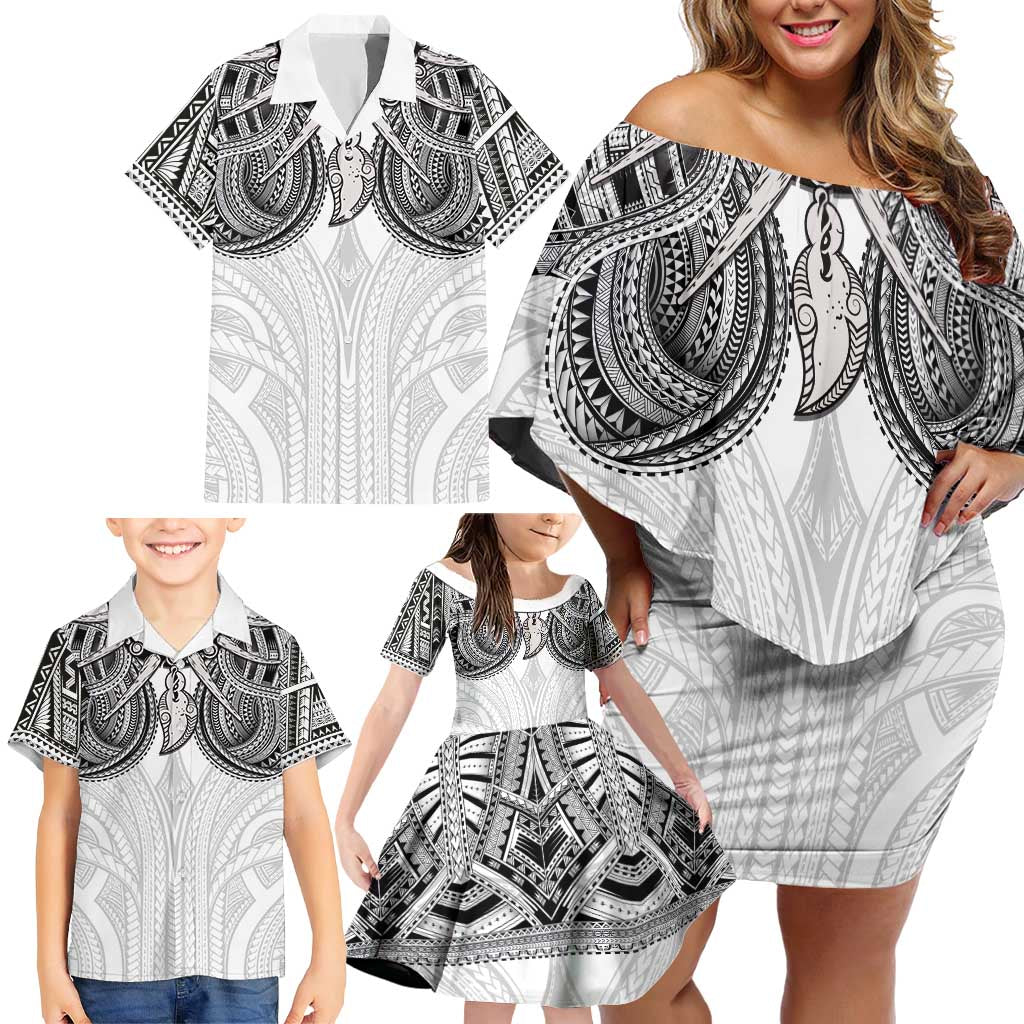 Samoan Traditional Art Tattoos Family Matching Off Shoulder Short Dress and Hawaiian Shirt Tatau Tribal Motifs with Ula Nifo White - Polynesian Pride