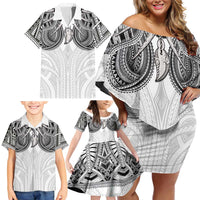 Samoan Traditional Art Tattoos Family Matching Off Shoulder Short Dress and Hawaiian Shirt Tatau Tribal Motifs with Ula Nifo White LT03 - Polynesian Pride