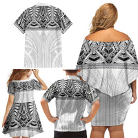 Samoan Traditional Art Tattoos Family Matching Off Shoulder Short Dress and Hawaiian Shirt Tatau Tribal Motifs with Ula Nifo White LT03 - Polynesian Pride