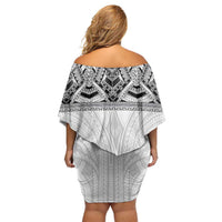Samoan Traditional Art Tattoos Family Matching Off Shoulder Short Dress and Hawaiian Shirt Tatau Tribal Motifs with Ula Nifo White LT03 - Polynesian Pride