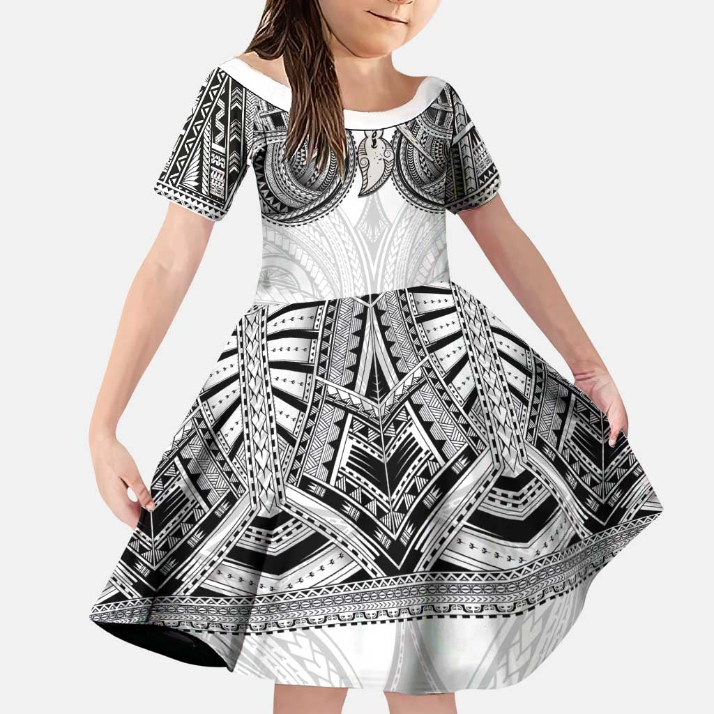 Samoan Traditional Art Tattoos Family Matching Puletasi and Hawaiian Shirt Tatau Tribal Motifs with Ula Nifo White LT03 Daughter's Dress White - Polynesian Pride