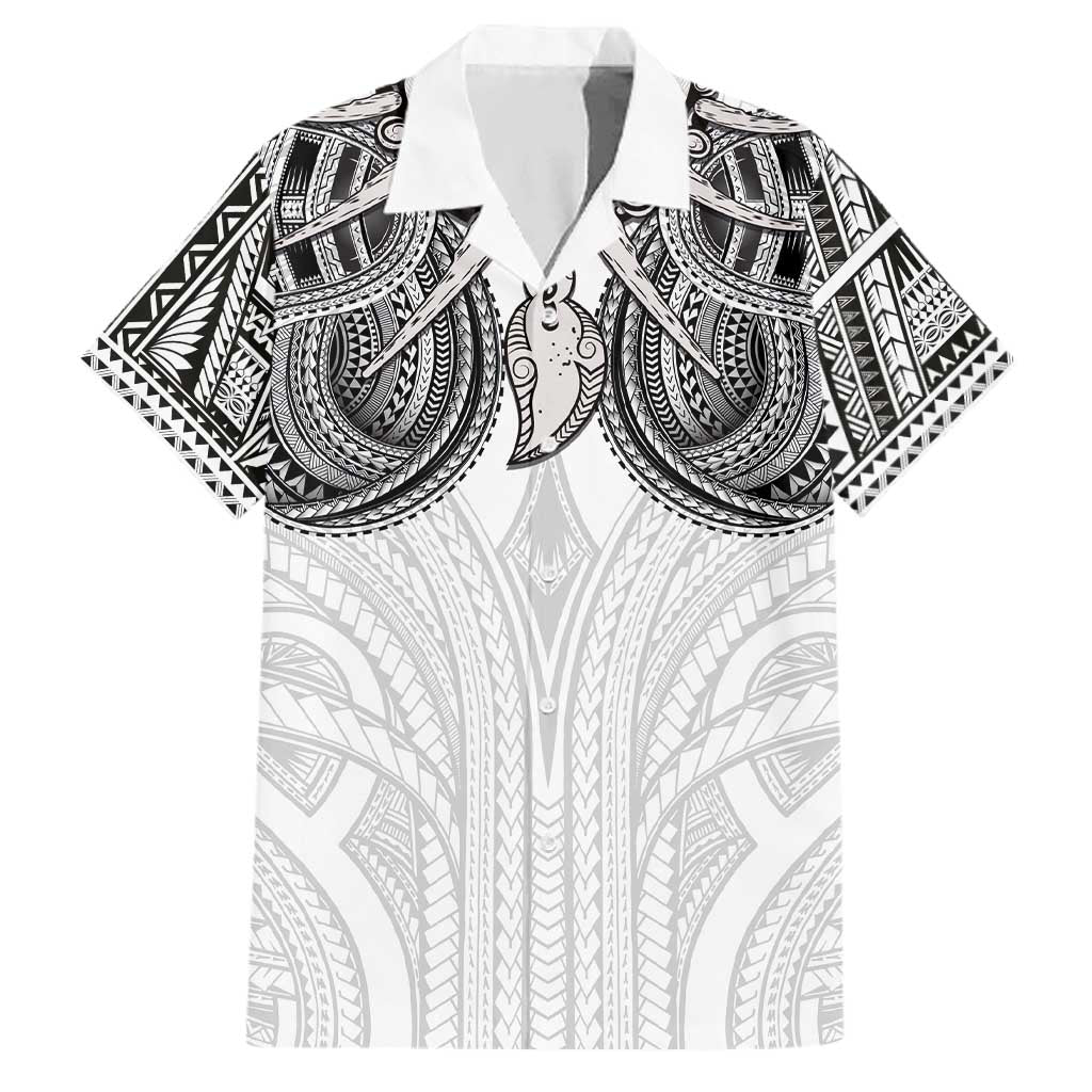 Samoan Traditional Art Tattoos Family Matching Puletasi and Hawaiian Shirt Tatau Tribal Motifs with Ula Nifo White LT03 Dad's Shirt - Short Sleeve White - Polynesian Pride