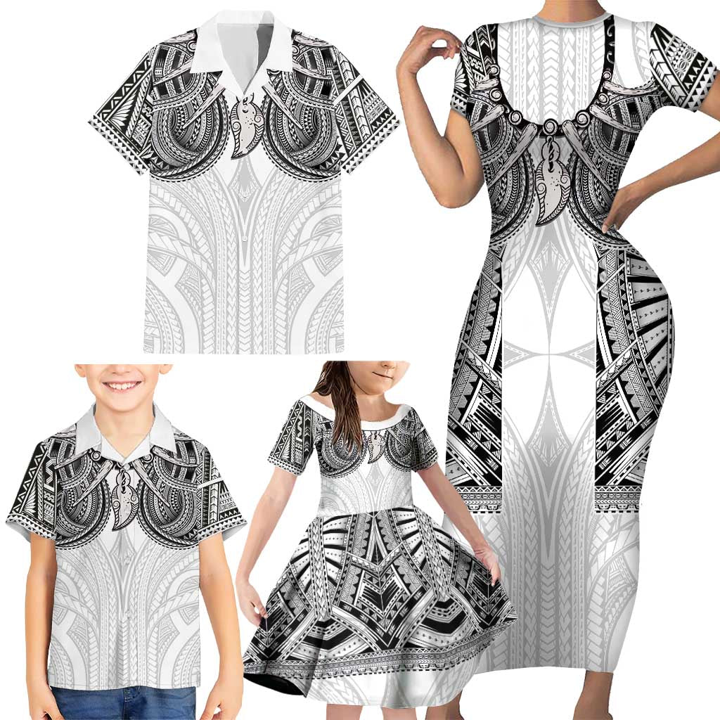 Samoan Traditional Art Tattoos Family Matching Short Sleeve Bodycon Dress and Hawaiian Shirt Tatau Tribal Motifs with Ula Nifo White - Polynesian Pride