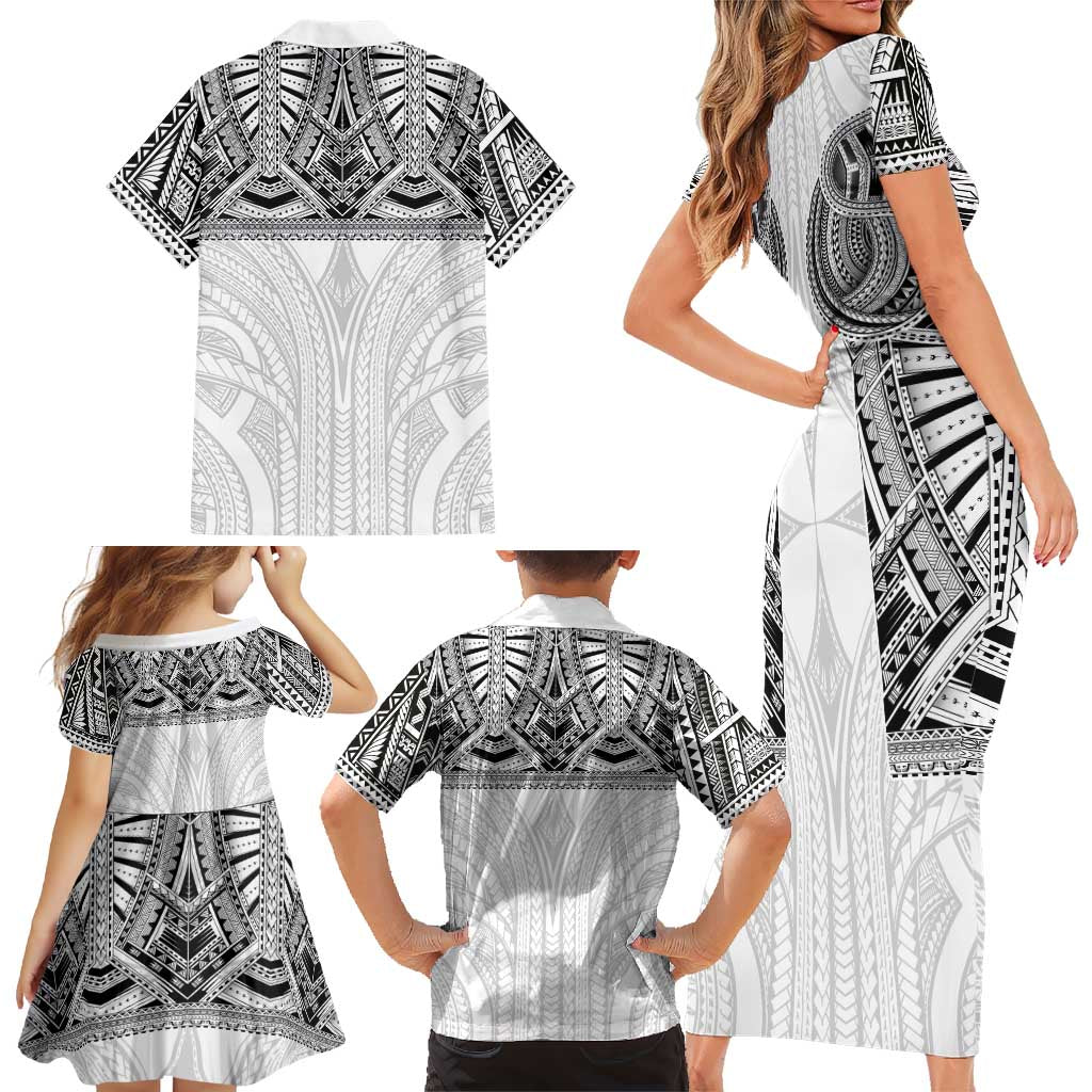 Samoan Traditional Art Tattoos Family Matching Short Sleeve Bodycon Dress and Hawaiian Shirt Tatau Tribal Motifs with Ula Nifo White LT03 - Polynesian Pride