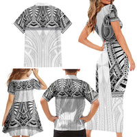 Samoan Traditional Art Tattoos Family Matching Short Sleeve Bodycon Dress and Hawaiian Shirt Tatau Tribal Motifs with Ula Nifo White LT03 - Polynesian Pride
