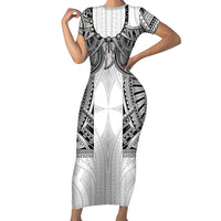 Samoan Traditional Art Tattoos Family Matching Short Sleeve Bodycon Dress and Hawaiian Shirt Tatau Tribal Motifs with Ula Nifo White LT03 Mom's Dress White - Polynesian Pride
