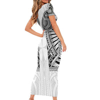 Samoan Traditional Art Tattoos Family Matching Short Sleeve Bodycon Dress and Hawaiian Shirt Tatau Tribal Motifs with Ula Nifo White LT03 - Polynesian Pride