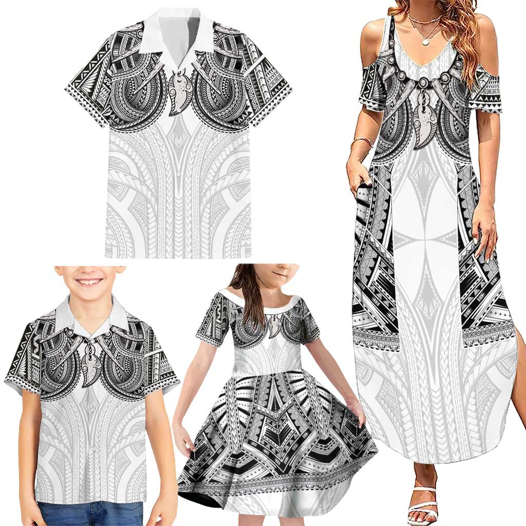 Samoan Traditional Art Tattoos Family Matching Summer Maxi Dress and Hawaiian Shirt Tatau Tribal Motifs with Ula Nifo White - Polynesian Pride