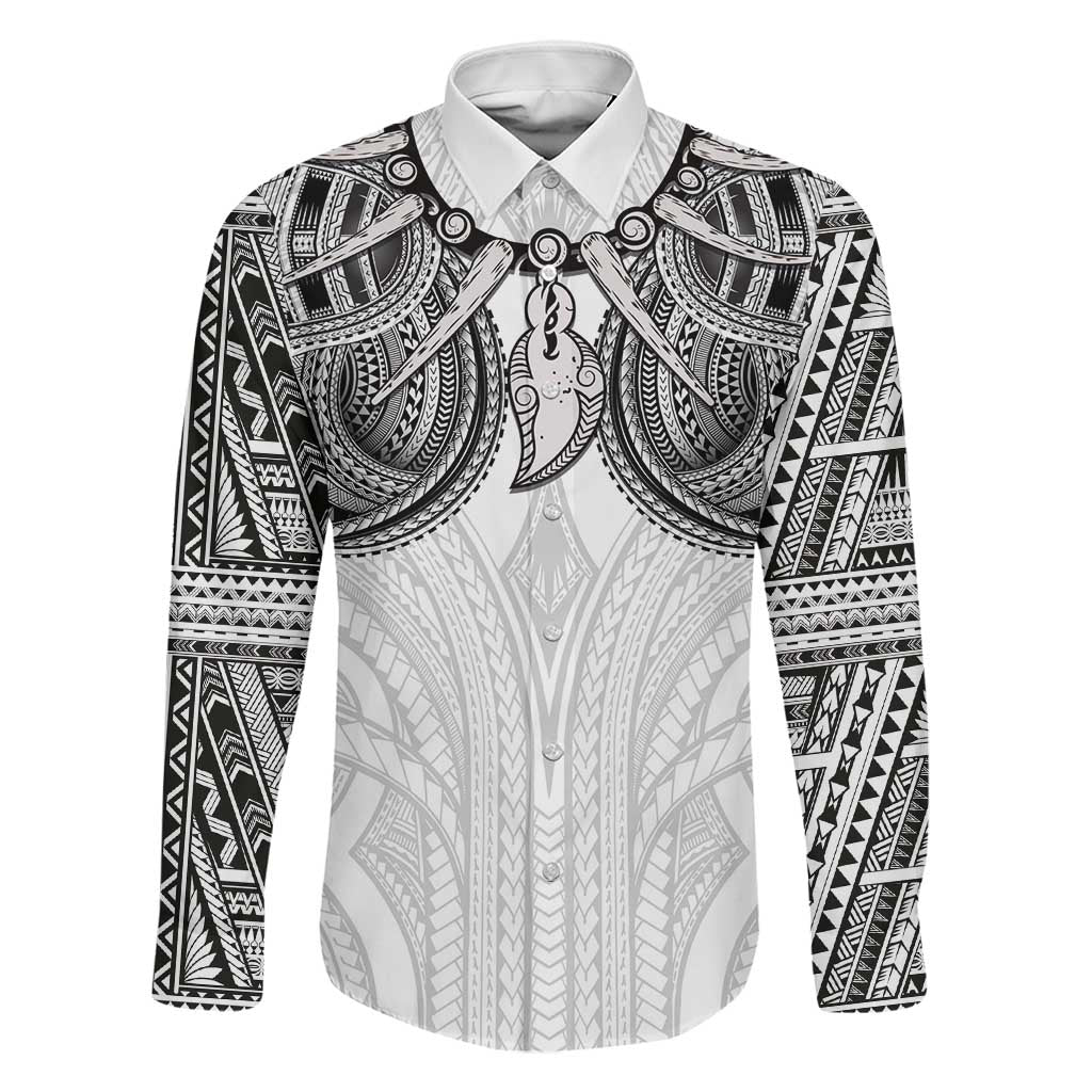 Samoan Traditional Art Tattoos Family Matching Summer Maxi Dress and Hawaiian Shirt Tatau Tribal Motifs with Ula Nifo White LT03 Dad's Shirt - Long Sleeve White - Polynesian Pride