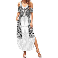 Samoan Traditional Art Tattoos Family Matching Summer Maxi Dress and Hawaiian Shirt Tatau Tribal Motifs with Ula Nifo White LT03 Mom's Dress White - Polynesian Pride