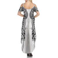 Samoan Traditional Art Tattoos Family Matching Summer Maxi Dress and Hawaiian Shirt Tatau Tribal Motifs with Ula Nifo White LT03 - Polynesian Pride