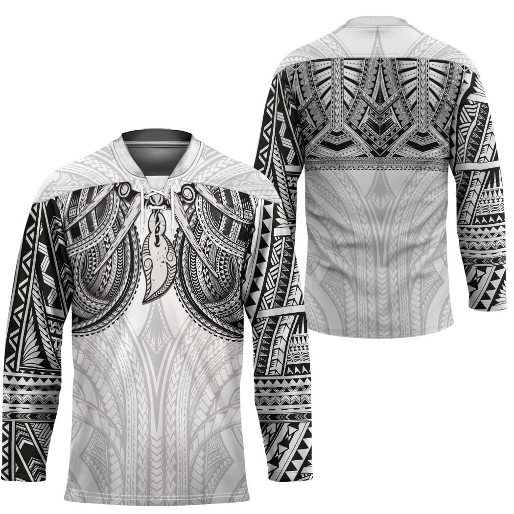 Samoan Traditional Art Tattoos Hockey Jersey Tatau Tribal Motifs with Ula Nifo White - Polynesian Pride
