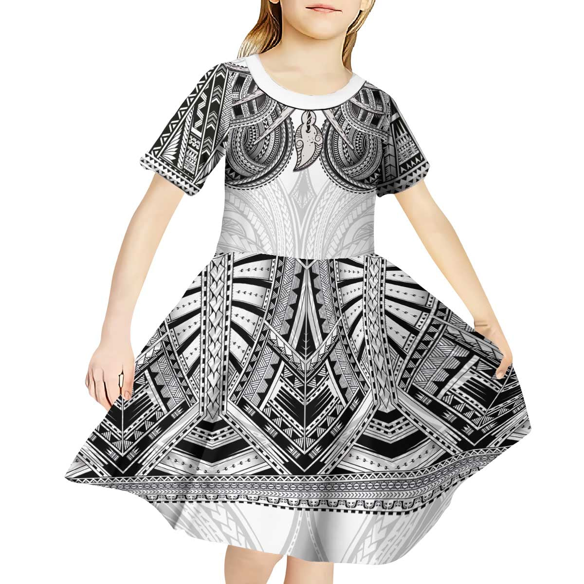 Samoan Traditional Art Tattoos Kid Short Sleeve Dress Tatau Tribal Motifs with Ula Nifo White LT03 - Polynesian Pride