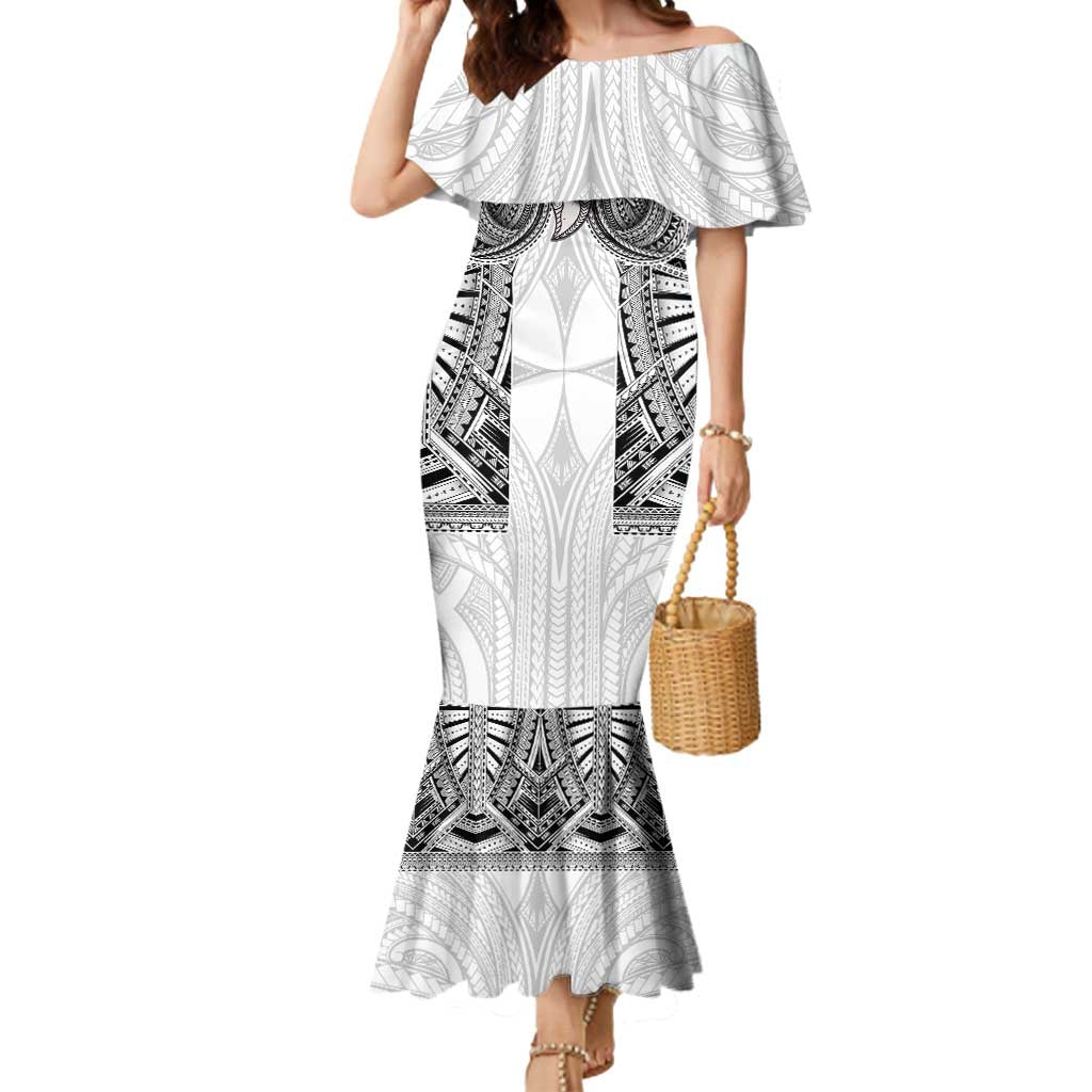Samoan Traditional Art Tattoos Mermaid Dress Tatau Tribal Motifs with Ula Nifo White LT03 Women White - Polynesian Pride