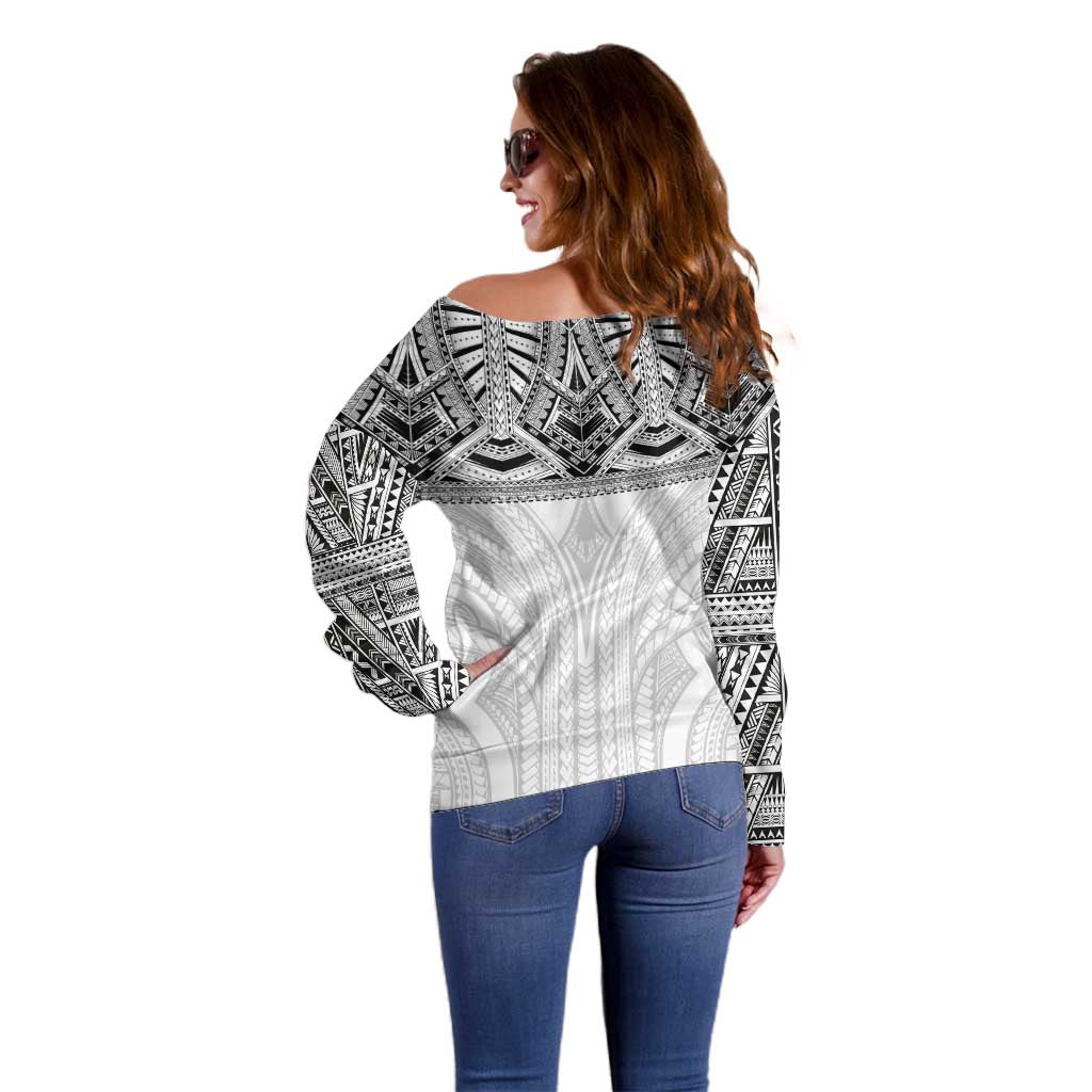 Samoan Traditional Art Tattoos Off Shoulder Sweater Tatau Tribal Motifs with Ula Nifo White - Polynesian Pride