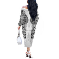 Samoan Traditional Art Tattoos Off The Shoulder Long Sleeve Dress Tatau Tribal Motifs with Ula Nifo White LT03 - Polynesian Pride