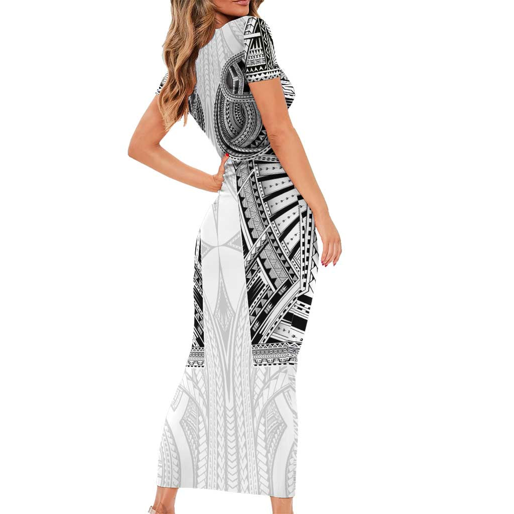 Samoan Traditional Art Tattoos Short Sleeve Bodycon Dress Tatau Tribal Motifs with Ula Nifo White LT03 - Polynesian Pride