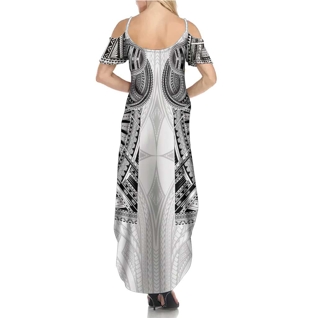 Samoan Traditional Art Tattoos Summer Maxi Dress Tatau Tribal Motifs with Ula Nifo White - Polynesian Pride