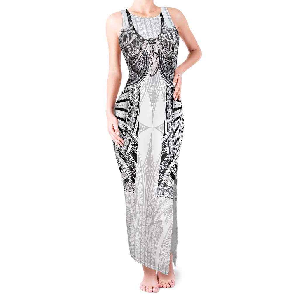 Samoan Traditional Art Tattoos Tank Maxi Dress Tatau Tribal Motifs with Ula Nifo White LT03 Women White - Polynesian Pride