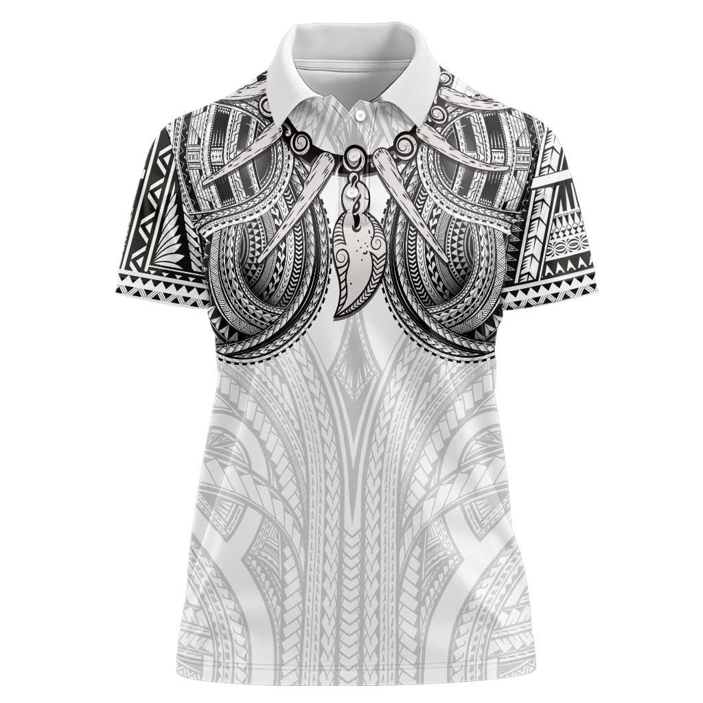 Samoan Traditional Art Tattoos Women Polo Shirt Tatau Tribal Motifs with Ula Nifo White - Polynesian Pride
