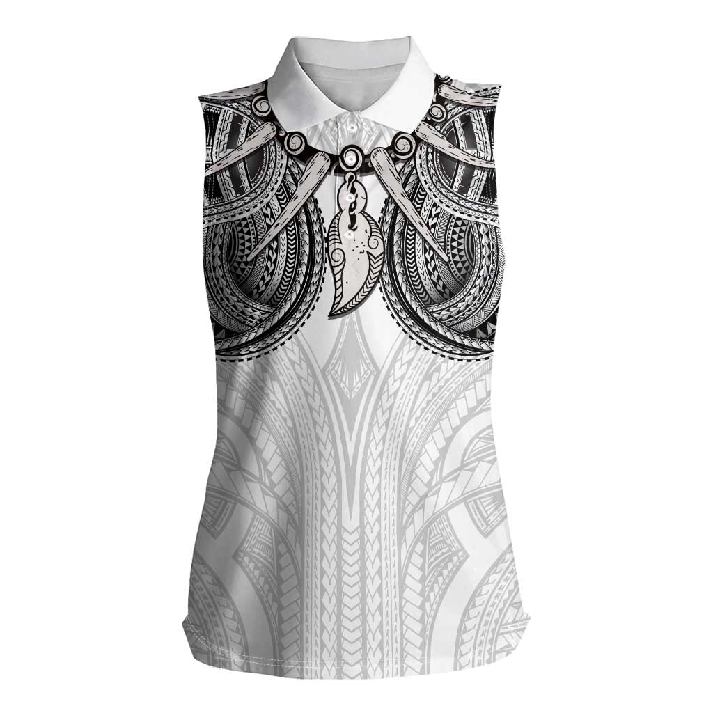 Samoan Traditional Art Tattoos Women Sleeveless Polo Shirt Tatau Tribal Motifs with Ula Nifo White LT03 Female White - Polynesian Pride