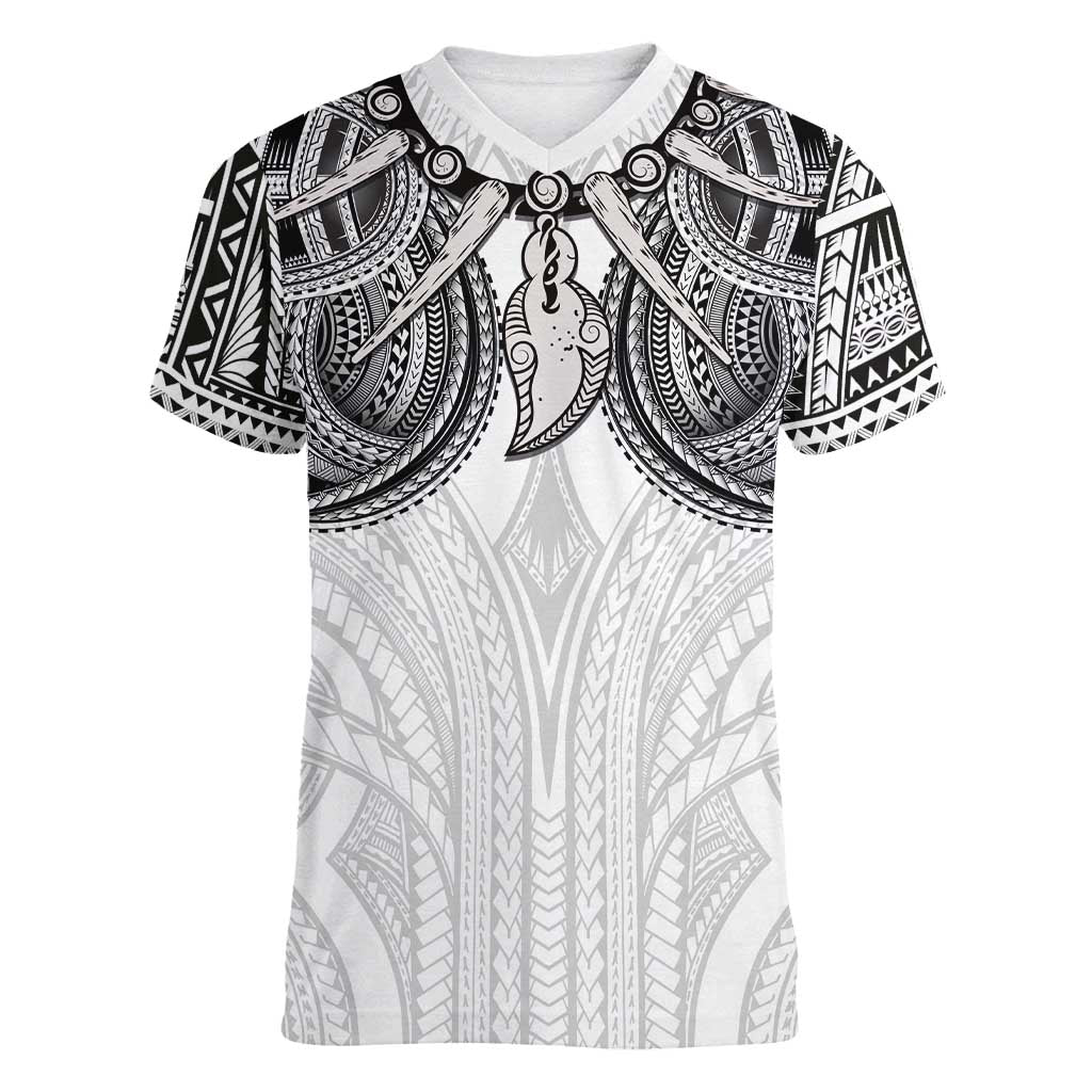Samoan Traditional Art Tattoos Women V-Neck T-Shirt Tatau Tribal Motifs with Ula Nifo White - Polynesian Pride
