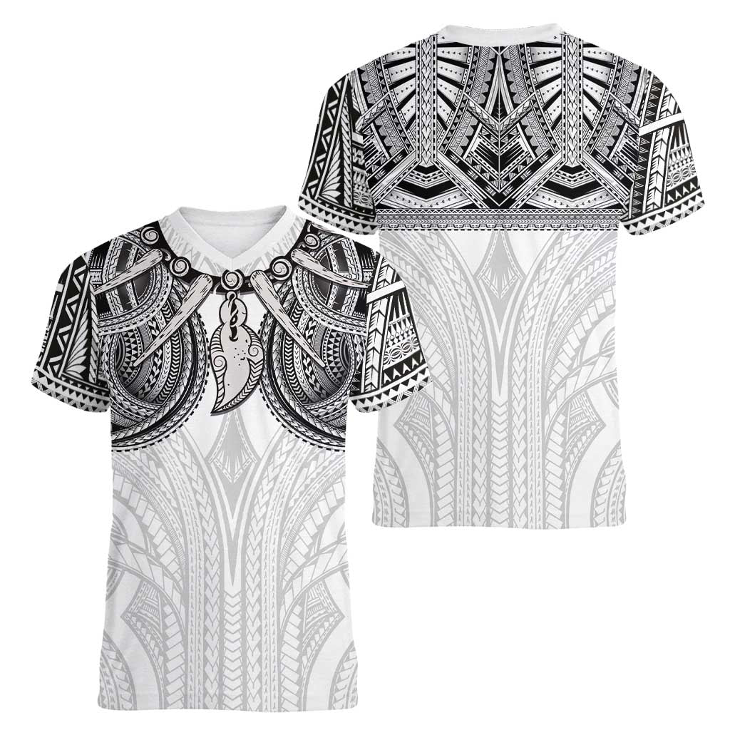 Samoan Traditional Art Tattoos Women V-Neck T-Shirt Tatau Tribal Motifs with Ula Nifo White LT03 - Polynesian Pride
