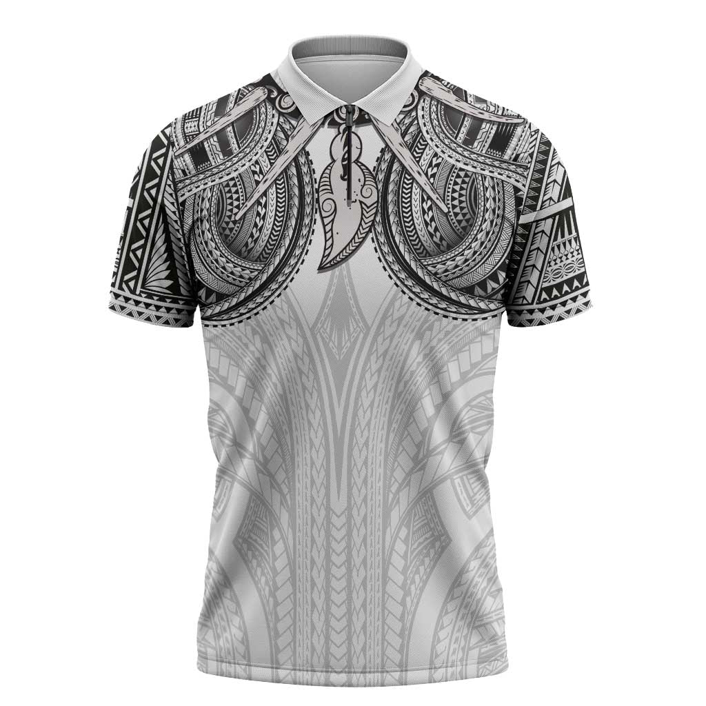 Samoan Traditional Art Tattoos Zipper Polo Shirt Tatau Tribal Motifs with Ula Nifo White LT03 White - Polynesian Pride