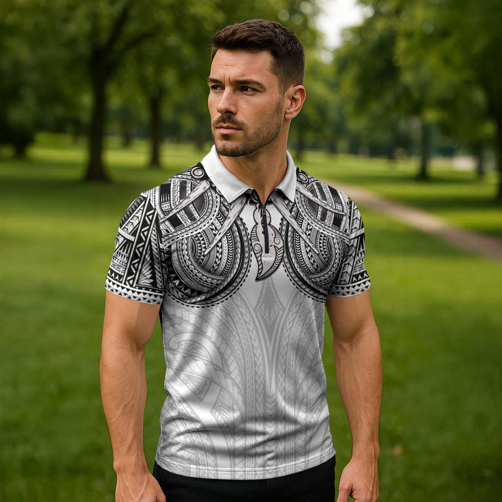 Samoan Traditional Art Tattoos Zipper Polo Shirt Tatau Tribal Motifs with Ula Nifo White LT03 - Polynesian Pride