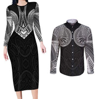Samoan Traditional Art Tattoos Couples Matching Long Sleeve Bodycon Dress and Long Sleeve Button Shirt Tatau Roman Reigns Black Color LT03 Black - Polynesian Pride