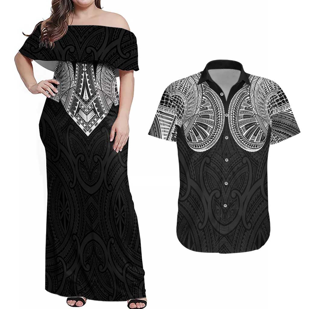 Samoan Traditional Art Tattoos Couples Matching Off Shoulder Maxi Dress and Hawaiian Shirt Tatau Roman Reigns Black Color - Polynesian Pride