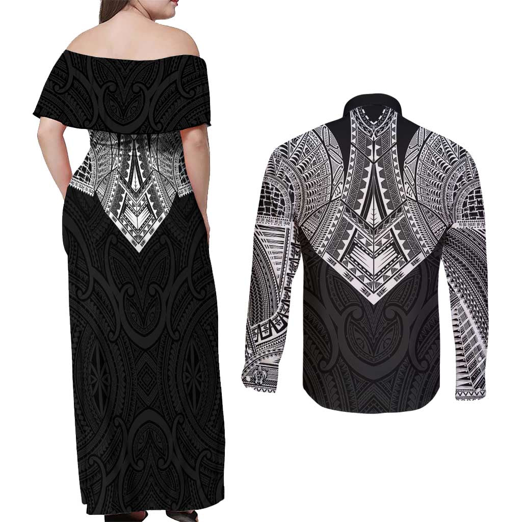 Samoan Traditional Art Tattoos Couples Matching Off Shoulder Maxi Dress and Long Sleeve Button Shirt Tatau Roman Reigns Black Color LT03 - Polynesian Pride
